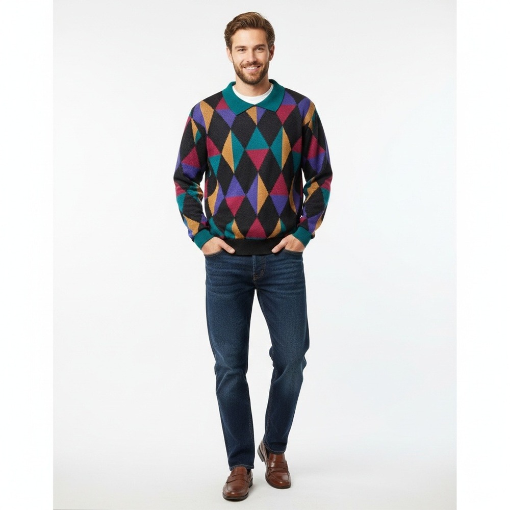Vintage Cricket Lane Sweater‎ Mens M Argyle Retro Grandpa 80s 90s popover Collar